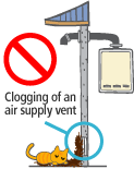 Please pay attention to air supply and exhaust vents. 1. Please clean an air supply vent of a building if it is clogged with waste. Please do not block an air supply vent of a building. There is a risk of carbon monoxide (CO) poisoning due to incomplete combustion.