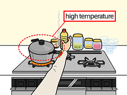 When a pot is heating on the stove, the peripheral area is dangerous due to its high temperature. If you need to reach for the back of the stove, be careful not to burn yourself. Also keep in mind that contact with shirt sleeves and the like could cause the flame to spread.