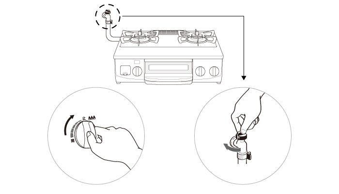 ガステーブルコンロの場合は、器具栓つまみとガス栓を閉める
