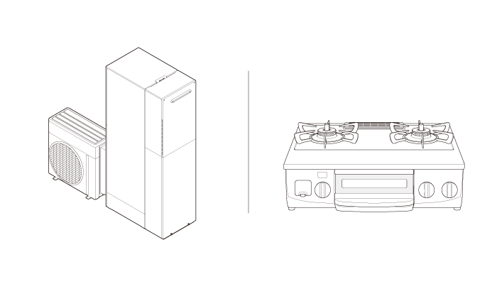 ハイブリッド給湯・暖房システム（ヒートポンプユニット・タンクユニット）、ガステーブルコンロ