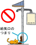 給気口・排気口に注意してください。1. 建物の給気口にゴミなどがつまっている場合は取り除いてください。また、建物の給気口は絶対にふさがないで下さい。不完全燃焼による一酸化炭素（CO）中毒に至るおそれがあります。