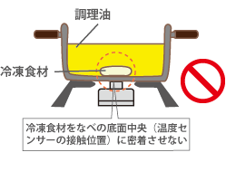 冷凍食材をなべの底面中央に密着させた状態で揚げものをしないでください。なべの底面中央（温度センサーの接触位置）に冷凍食材が密着した状態で揚げもの調理をすると、温度センサーがなべ底の温度を正しく検知しないため、発火するおそれがあります。