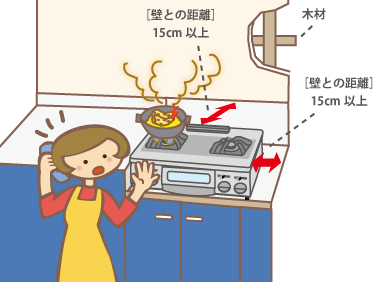 テーブルコンロと壁の離隔距離は十分にとってください。コンロをご使用の際は、壁との距離を十分おとりください。壁の表面が、ステンレスやタイルの場合でも、内部が可燃性（木材）の場合、熱が伝わって火災を起こす場合があります。距離がとれない場合には、必ず防熱板を取り付けてください。防熱板のお買い求めは、リンナイ公式部品販売サイト R.STYLE（リンナイスタイル）、またはお買い上げの販売店、最寄の当社事業所にご連絡ください。