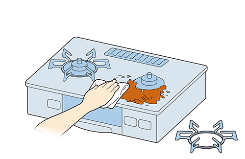 Clean properly to remove boilover spills and food residue. Failure to remove boilover spills may cause clogging of the burner to and/or ignition failure. Boilpver spills may also penetrate the interior, causing the gas pipe to corrode, leading to potential gas leaks and fire. There is also the possibility of boilover spills and food residue catching fire. If grime cannot be removed, please replace the relevant parts. To purchase parts, please contact R.STYLE (the official Rinnai parts distribution site), or your Rinnai dealer or nearest Rinnai office.